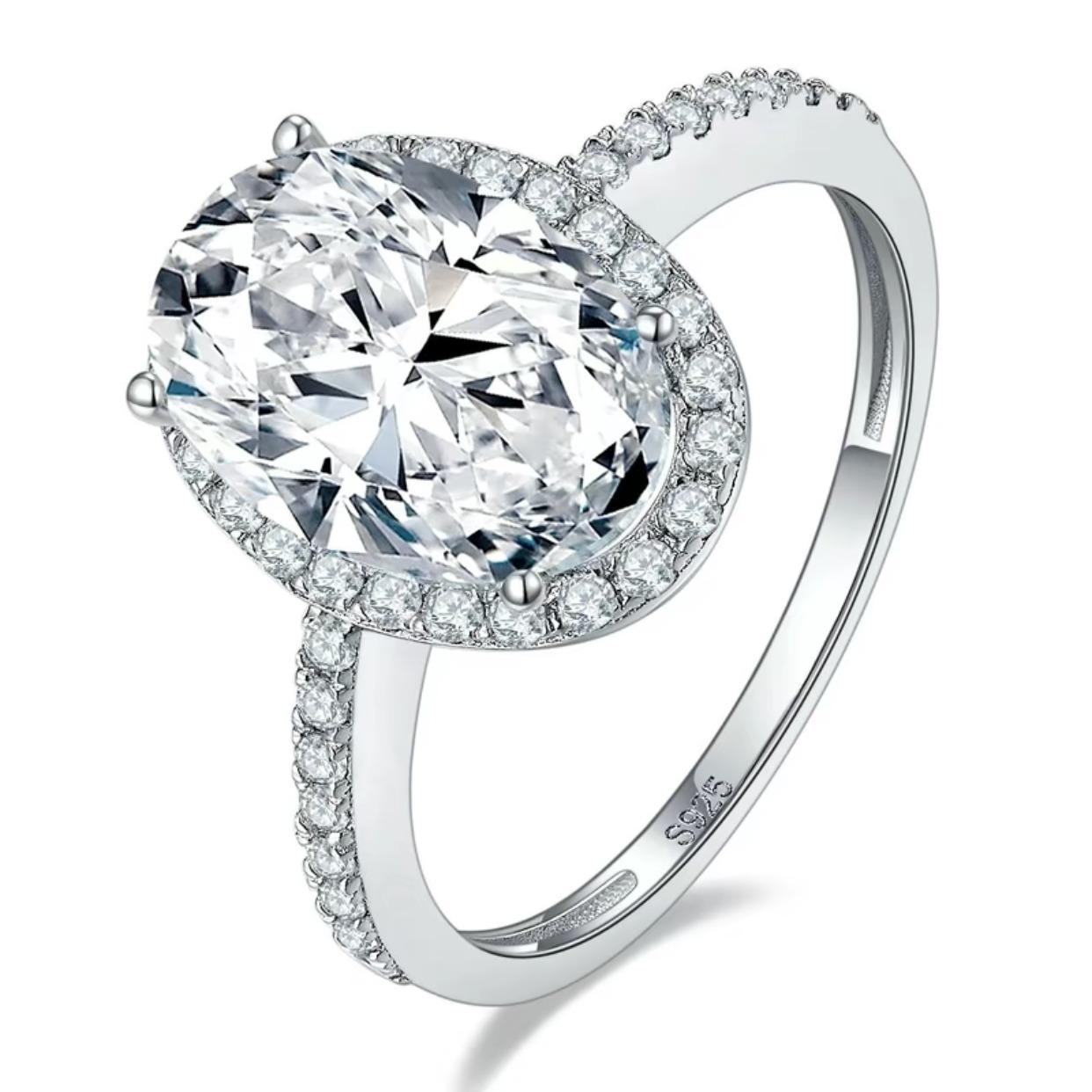 S925 Oval-Cut Full Moissanite (Even Side Stones) Ring 4.5CT 【6#23】