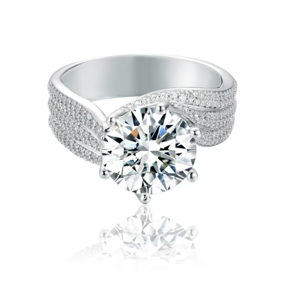 S925 Round-Cut Full Moissanite (Even Side Stones) Ring With Special Band 5CT 【6#11】