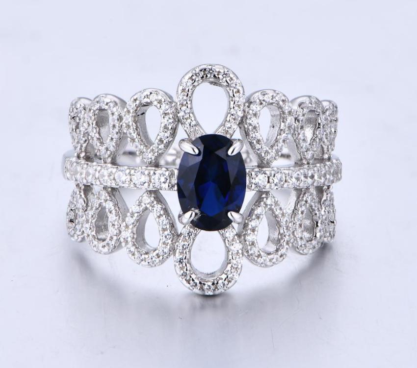 S925 Oval-Cut Lab Created Sapphire Ring With Crown Design 【1.2#12】
