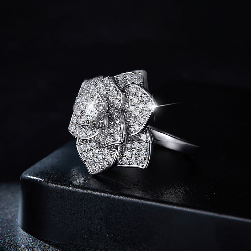 S925 Round-Cut Full Moissanite Ring With Camellia Design 【6.2#53】