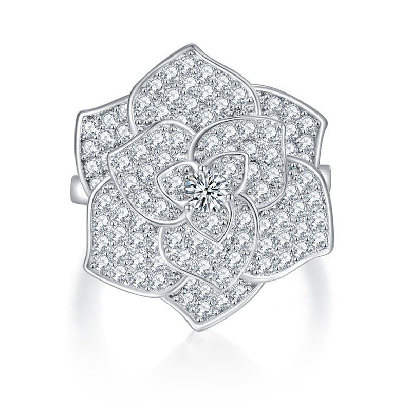 S925 Round-Cut Full Moissanite Ring With Camellia Design 【6.2#53】