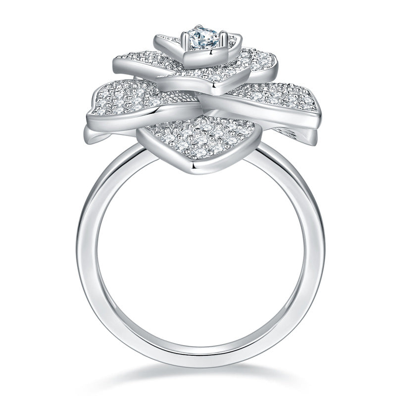 S925 Round-Cut Full Moissanite Ring With Camellia Design 【6.2#53】