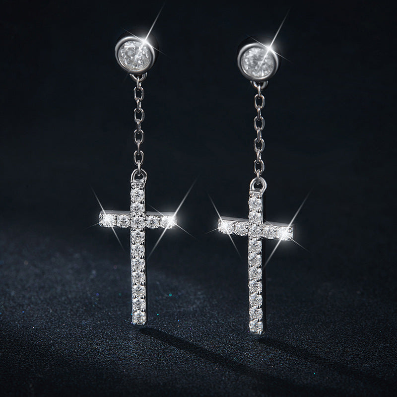 S925 Round-Cut Moissanite Earring With Cross Design【6.2#107】