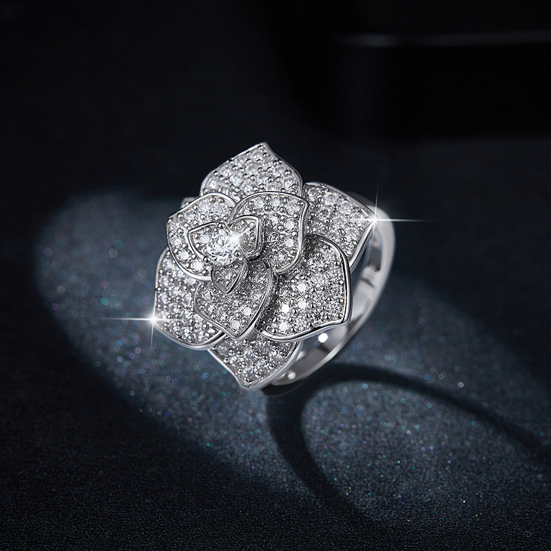 S925 Round-Cut Full Moissanite Ring With Camellia Design 【6.2#53】
