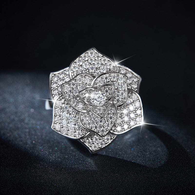 S925 Round-Cut Full Moissanite Ring With Camellia Design 【6.2#53】