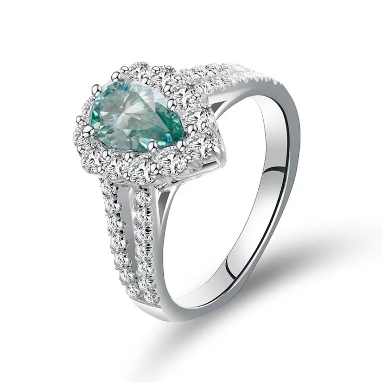 S925 Pear-Cut Green Moissanite Ring 【6#25】