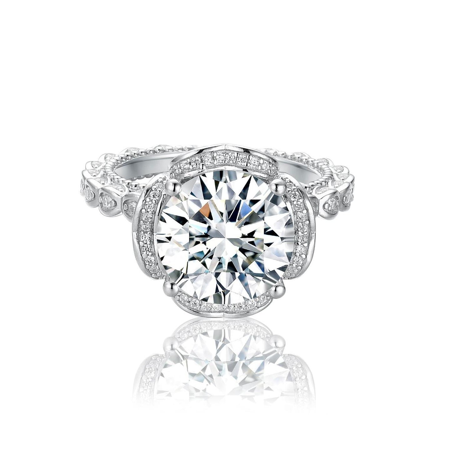 S925 Round-Cut Moissanite Plating Ring 5CT With "Blossom" Design Named "Jasmine" 【2#2】