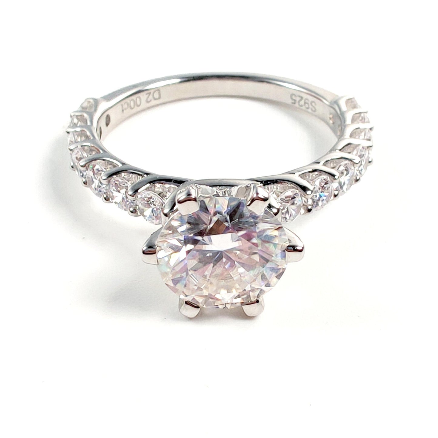 S925 Round-Cut Full Moissanite (Even Side Stones) Ring 3CT Of 6 Prongs With "Mermaid" Design 【6#15】