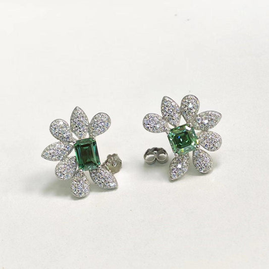 S925 Emeraldr-Cut & Asscher-Cut Moissanite Green Overlord Flower Stud Earrings 1CT*2 【3#11】