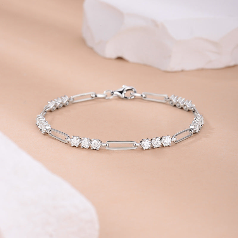 S925 Round-Cut Moissanite Bracelet With Paper Clip Design【6.2#57】